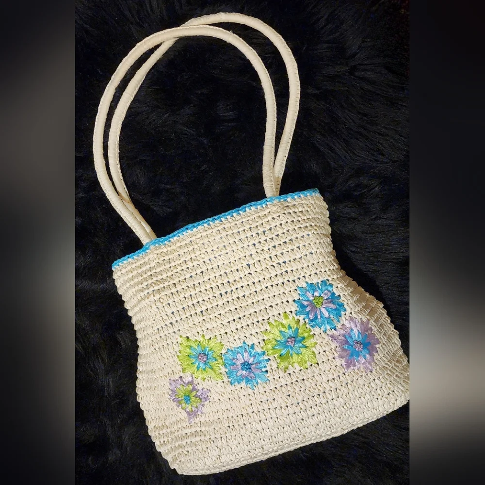 Summer Boho Straw Beach Bag Crocheted Tote With Embroidered Flowers